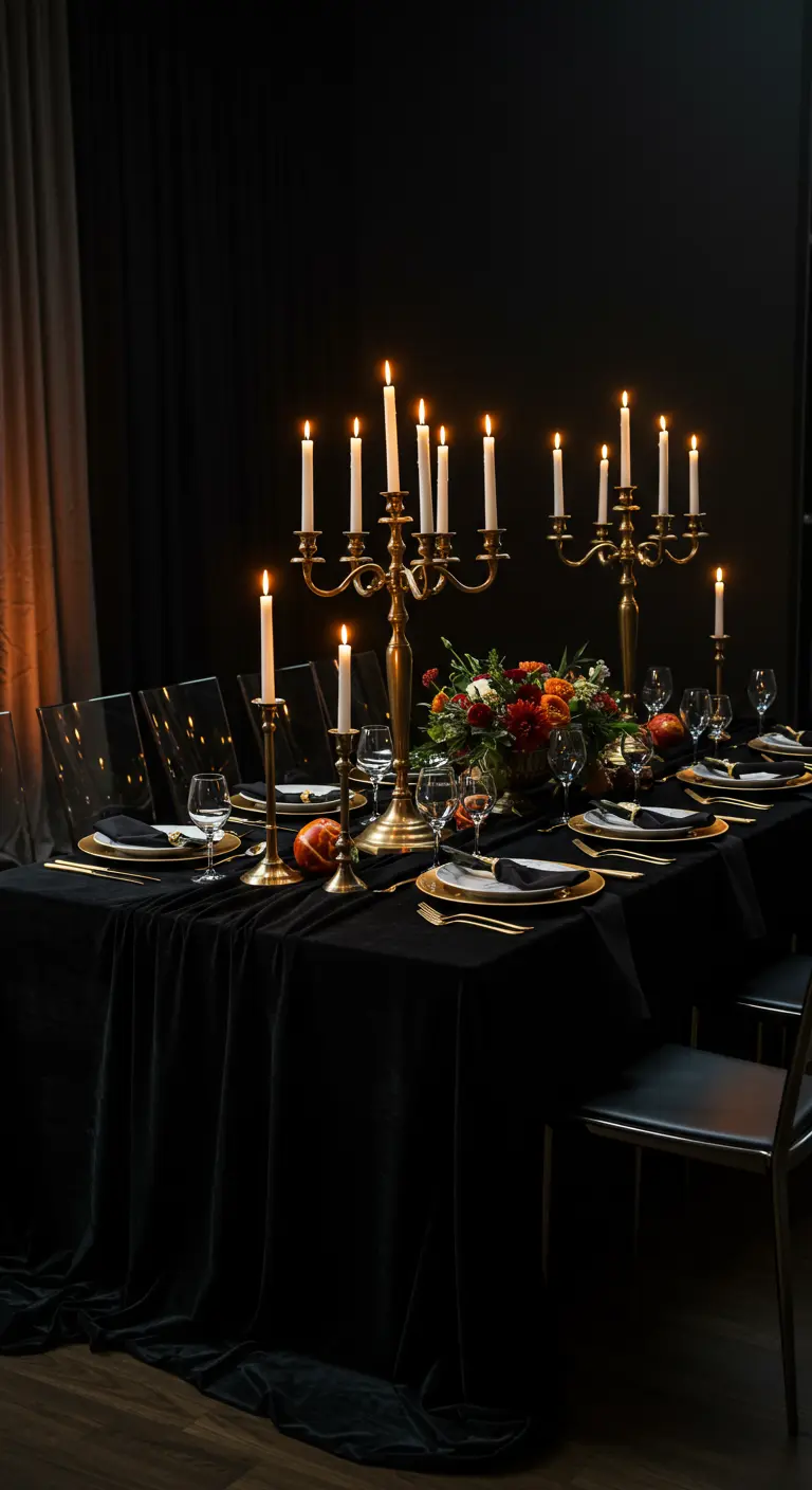 Table de fête noire et or avec de hauts chandeliers dorés et une nappe en velours.