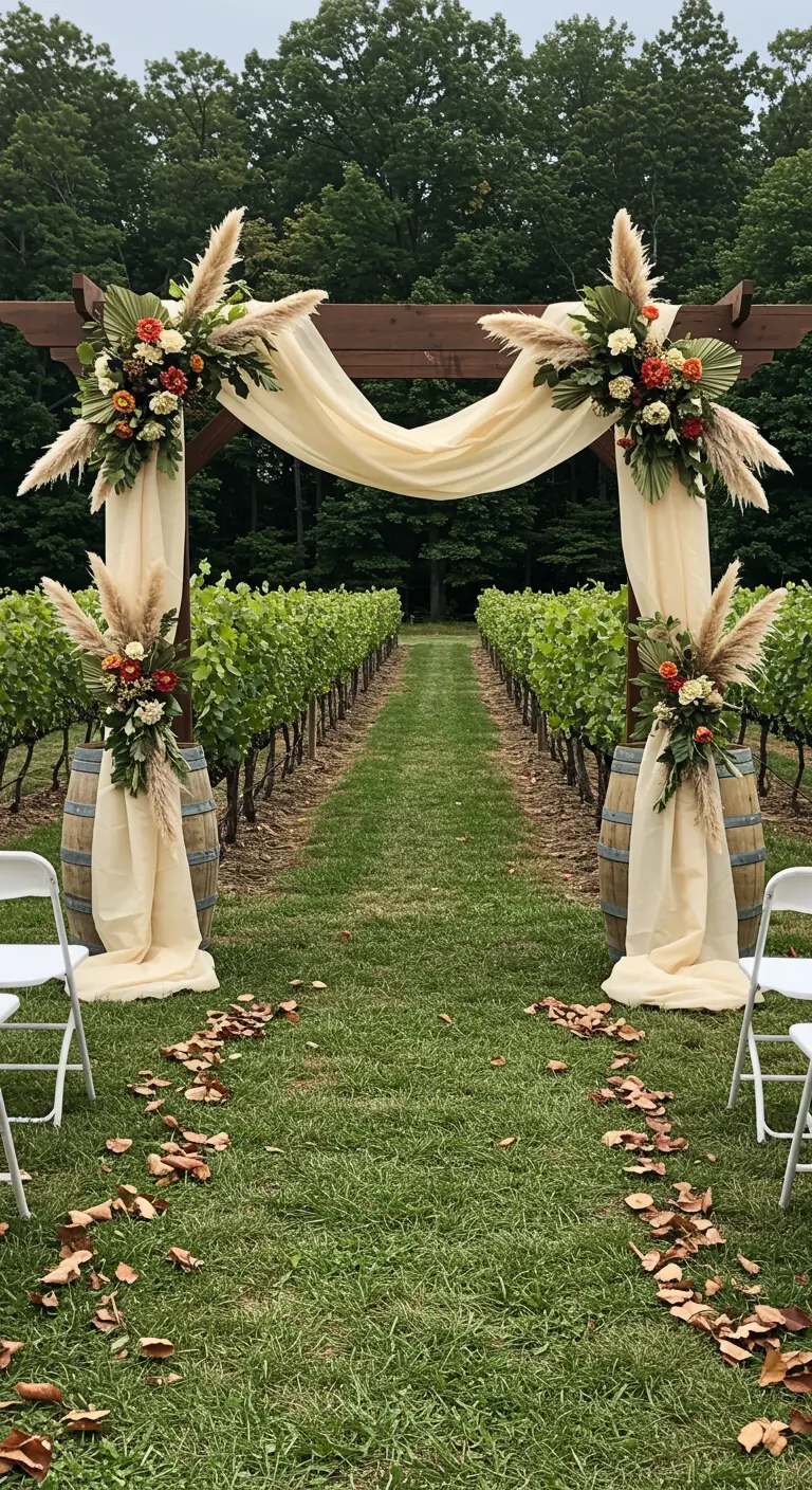 Pergola en bois drapée de tissu crème dans un vignoble, avec des tonneaux.
