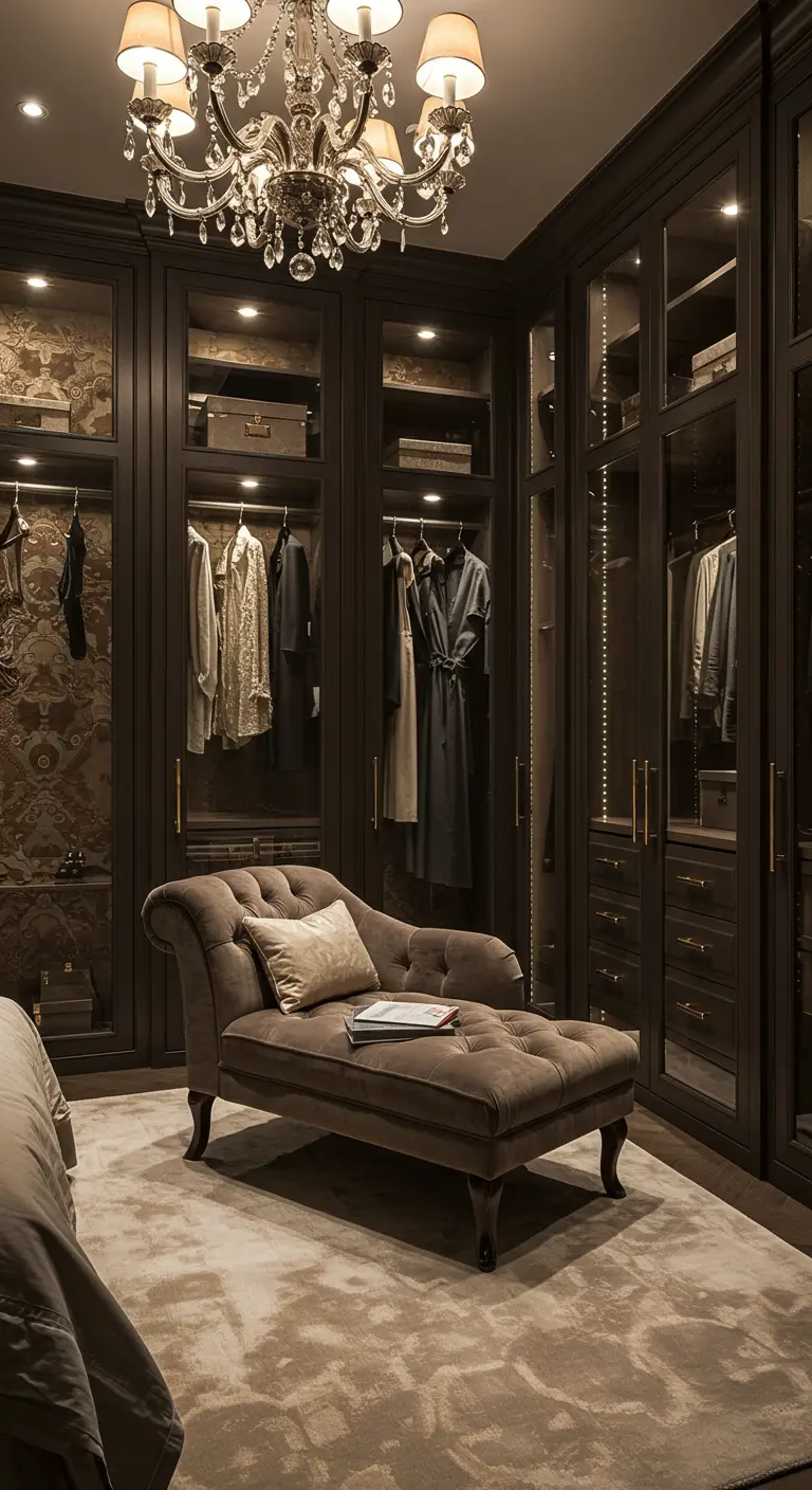 Dressing luxueux bois foncé avec méridienne en velours et lustre en cristal.
