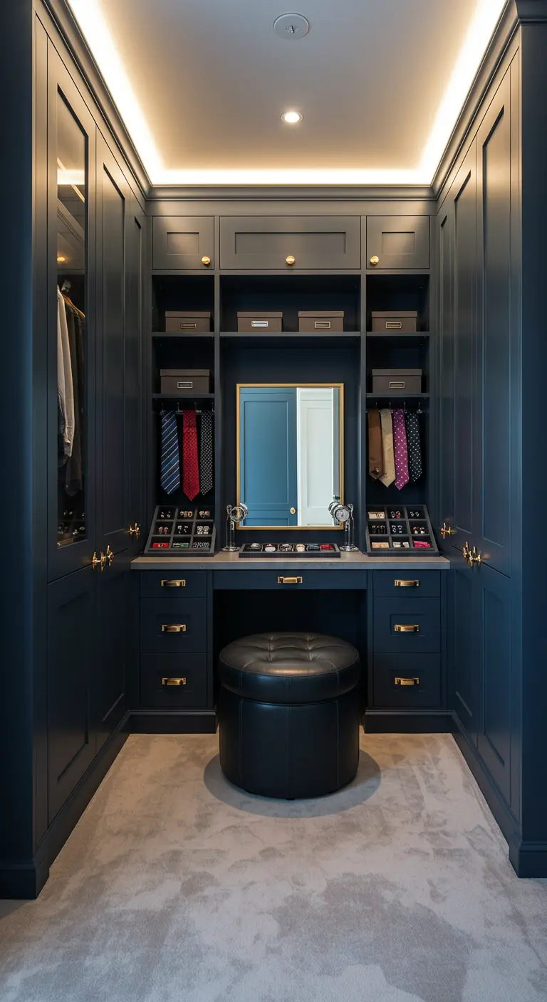 Dressing bleu nuit avec ottoman en cuir, vanité et rangements à cravates.