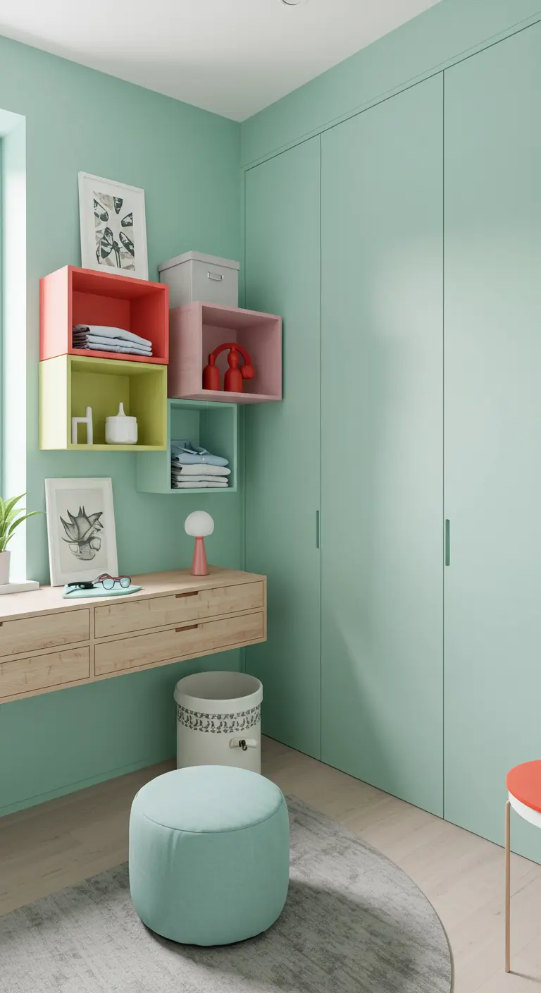Dressing vert menthe avec étagères boîtes colorées, bureau flottant en bois et pouf assorti.