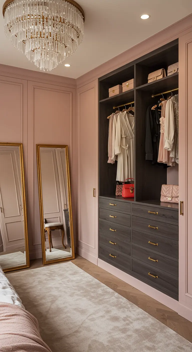 Chambre rose avec dressing bois foncé, miroirs dorés et lustre.