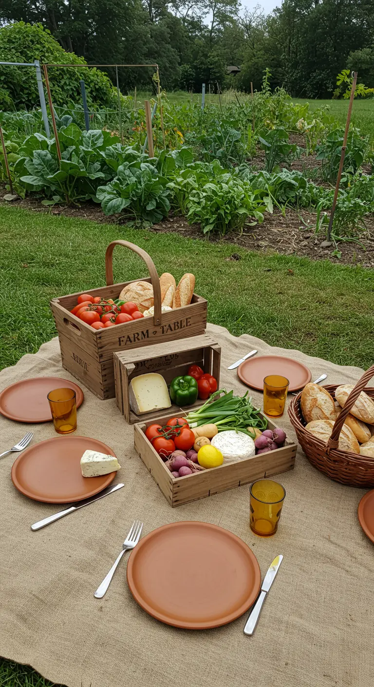 Pique-nique sur une toile de jute avec des légumes frais et du pain dans des caisses.