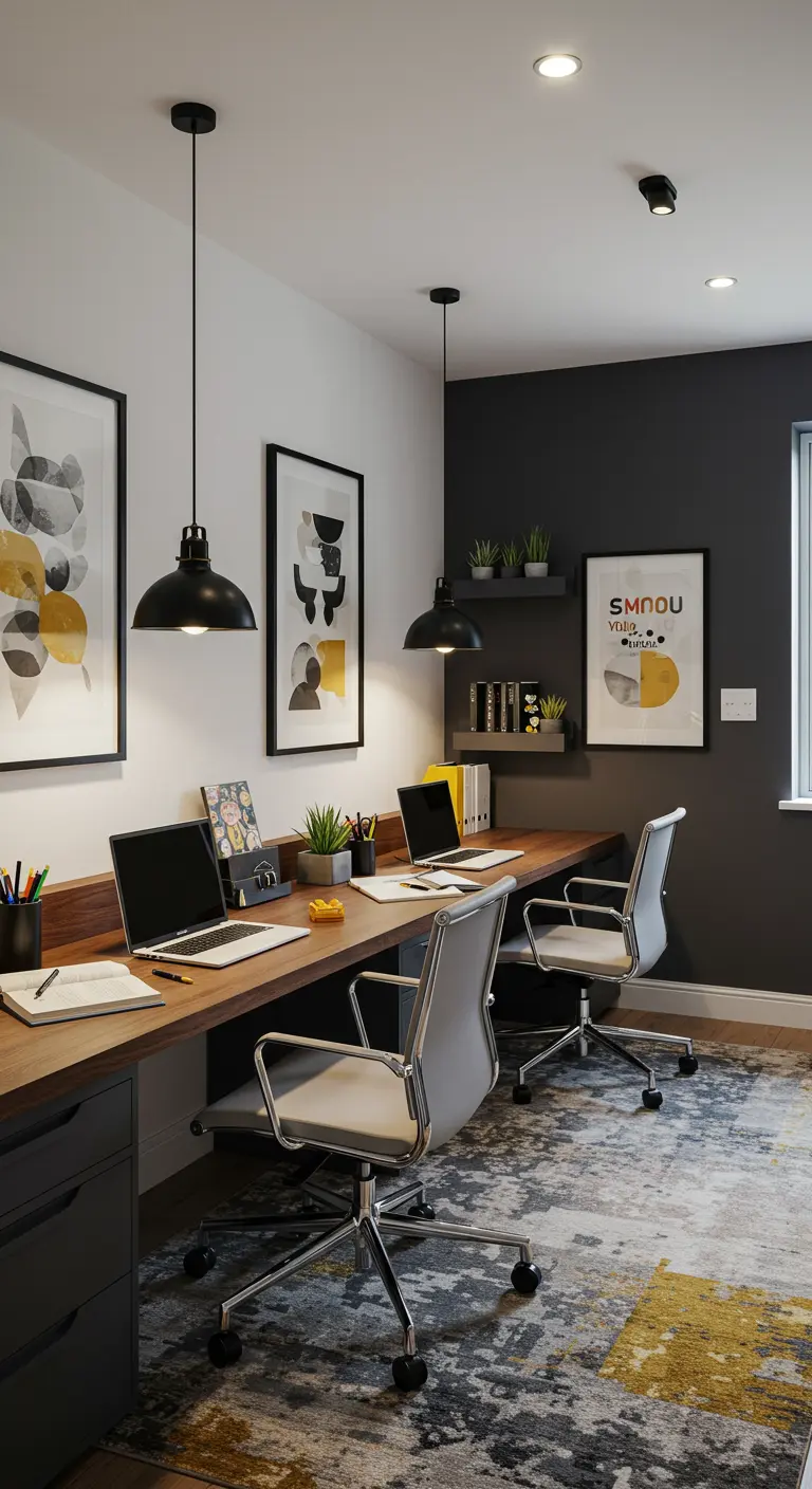Bureau double moderne avec mur foncé, tapis géométrique et suspensions noires