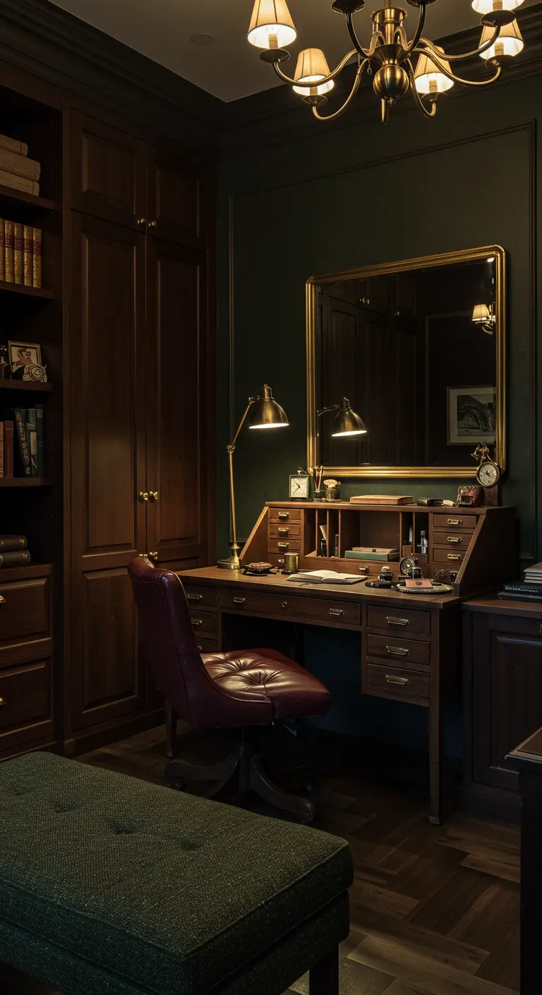 Bureau-coiffeuse en bois foncé, fauteuil en cuir, miroir encadré or, dans un dressing masculin.