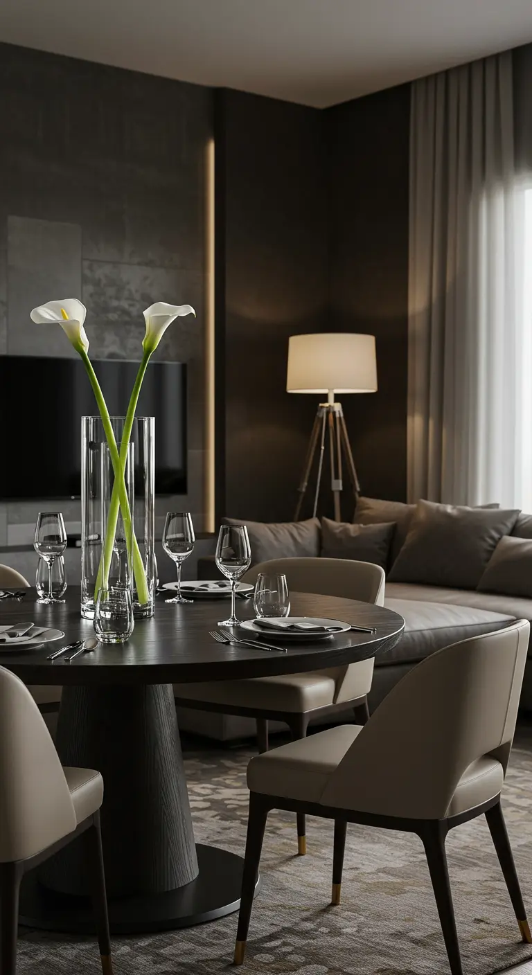 Deux fleurs de Calla blanches dans un grand vase en verre sur une table ronde foncée.