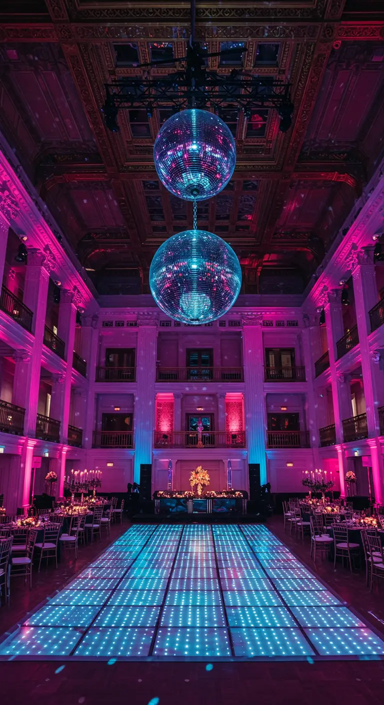 Deux grandes boules à facettes suspendues dans un hall majestueux.
