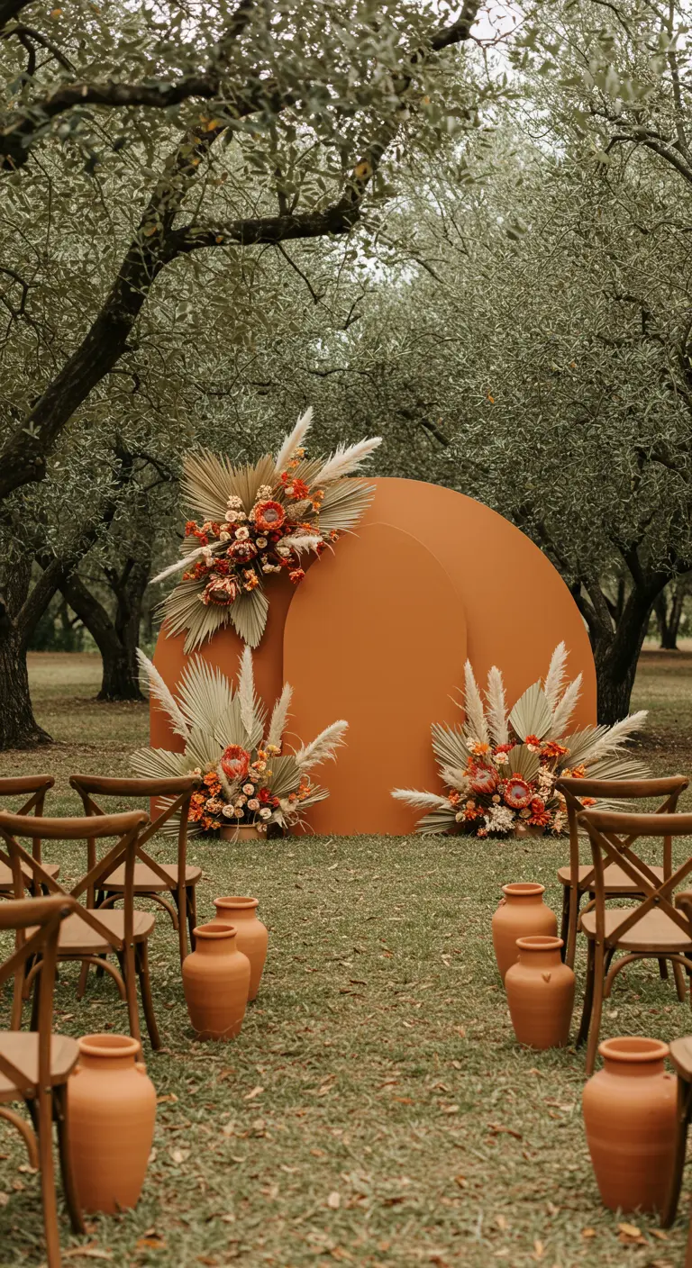 Deux panneaux ronds terracotta servant d'arche, décorés de fleurs séchées.