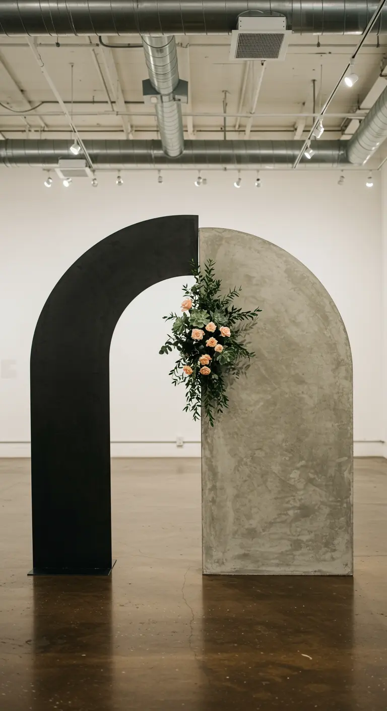 Arche asymétrique composée d'un panneau noir et d'un panneau effet béton.