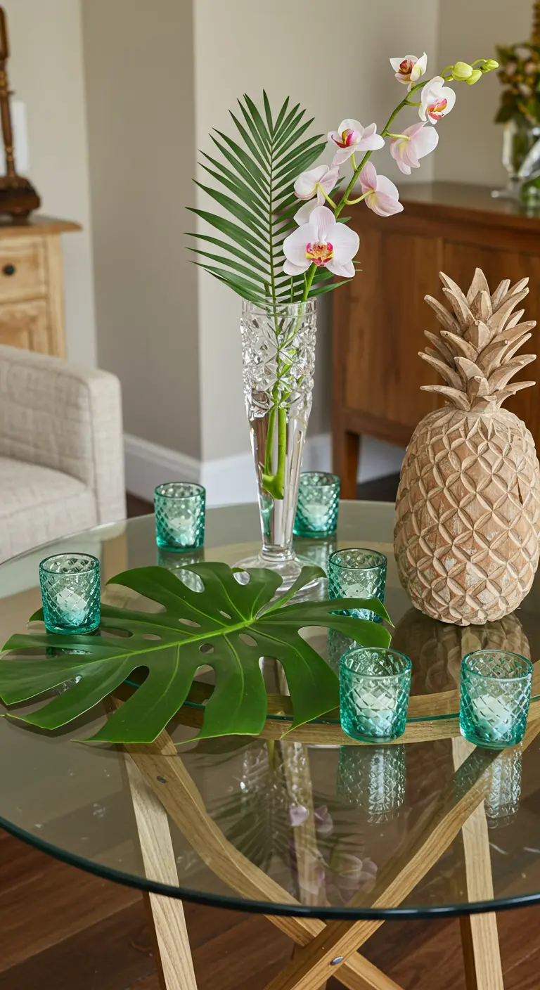 Composition avec vase en cristal, feuille de monstera et ananas décoratif en bois.