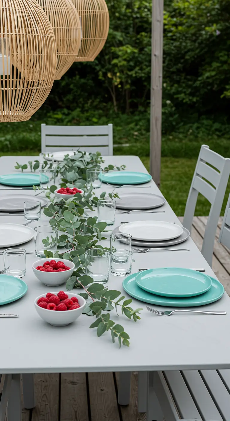 Table moderne avec un chemin de table en eucalyptus et des bols de framboises.