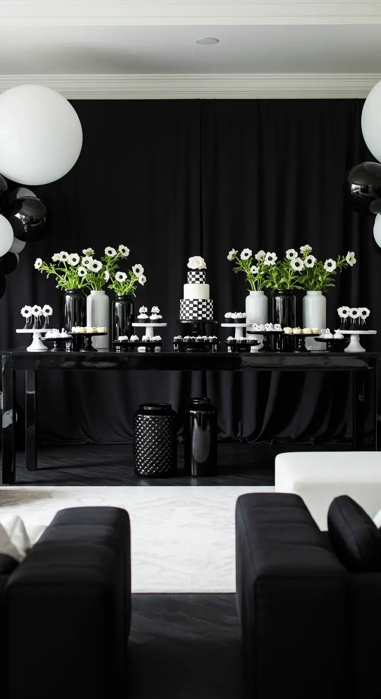 Buffet d'anniversaire chic en noir et blanc avec des fleurs blanches.