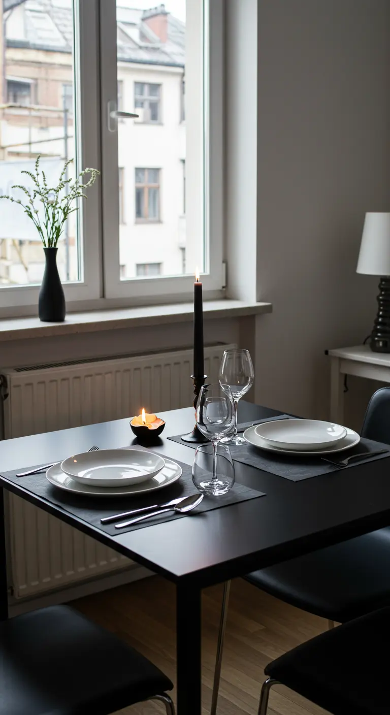 Table pour deux avec des assiettes blanches sur des sets de table noirs et une bougie.
