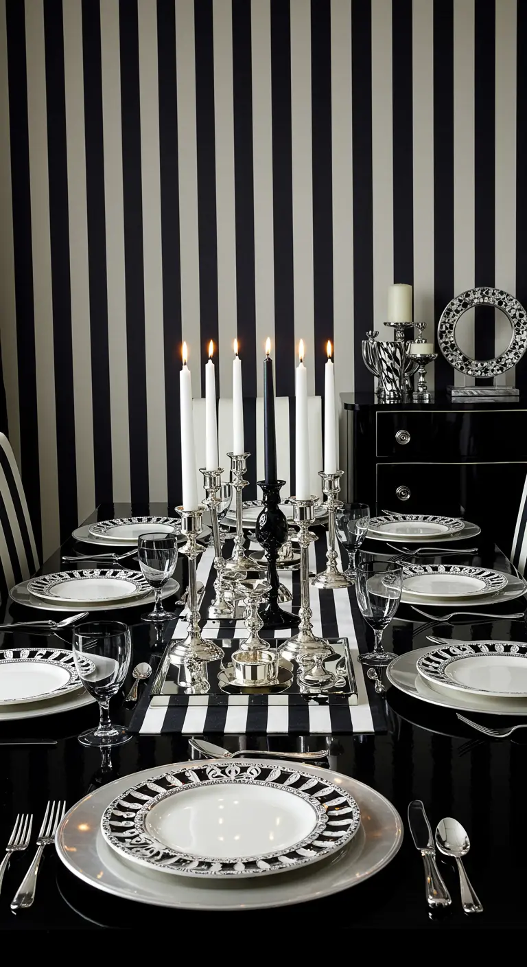 Table de fête graphique en noir et blanc, avec un papier peint à rayures et de la vaisselle assortie.