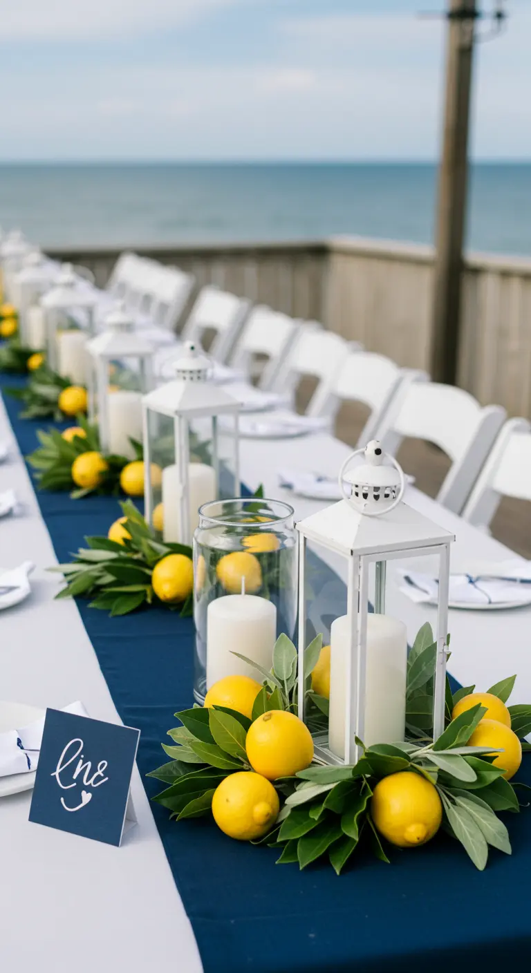 Table avec chemin de table bleu, lanternes blanches et vases remplis de citrons.