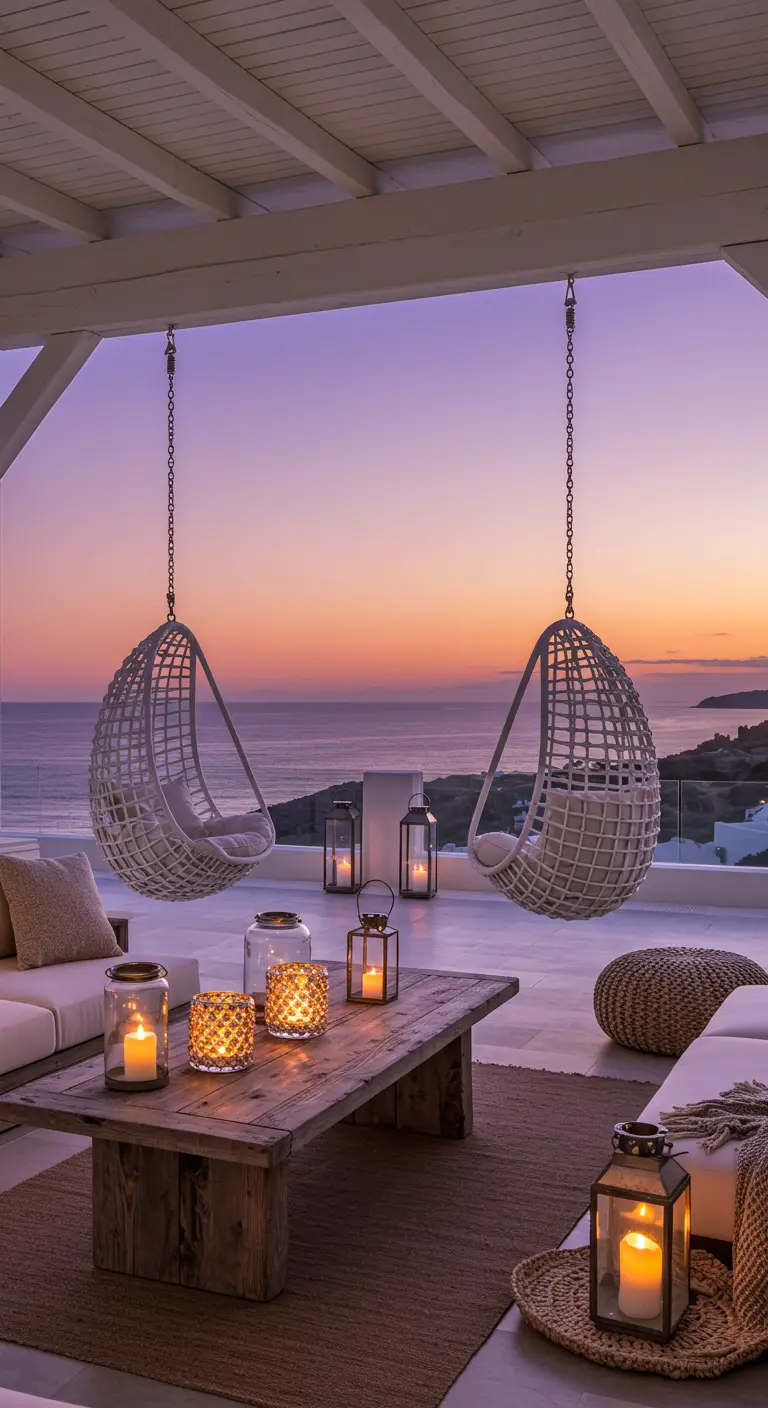 Deux fauteuils suspendus blancs face à la mer au crépuscule.