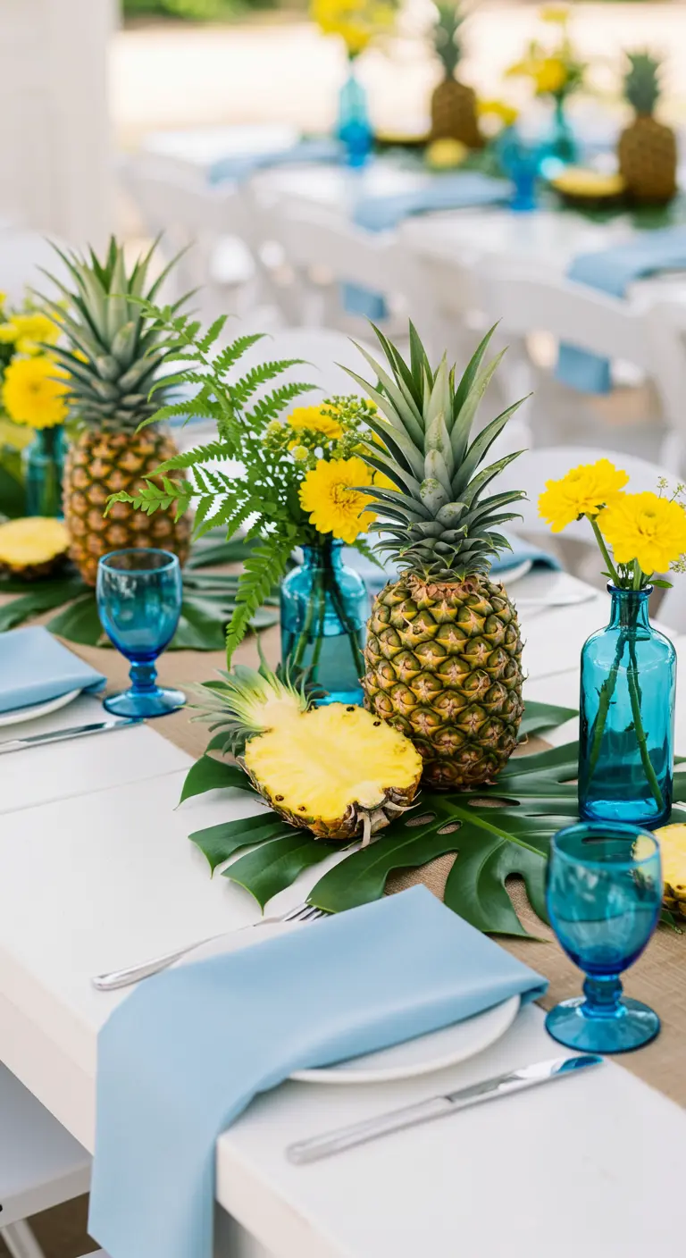 Décor de table estival avec ananas, verrerie bleue et petites fleurs jaunes.