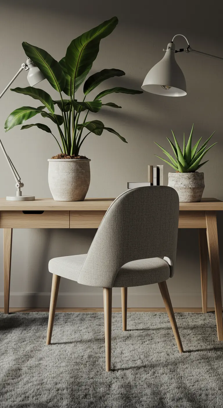 Bureau scandinave avec une grande plante Strelitzia et une aloe vera dans des pots texturés.