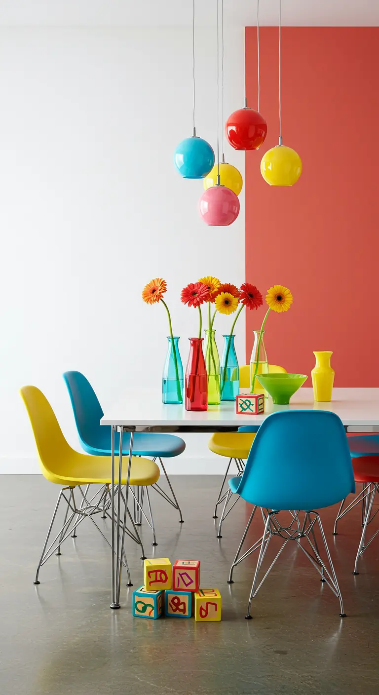 Salle à manger lumineuse avec des chaises colorées et un centre de table Pop Art de fleurs dans des vases aux couleurs vives et de blocs de jeux.
