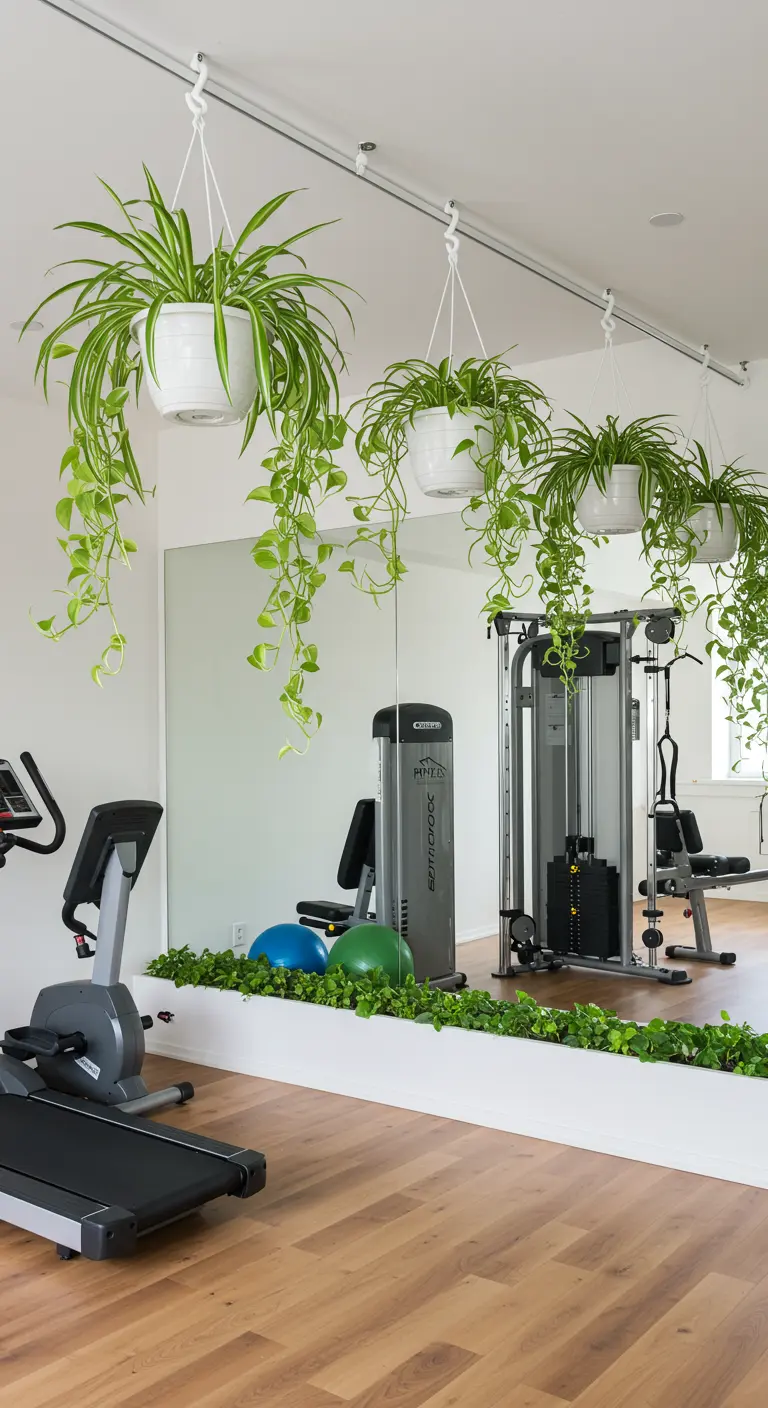 Salle de sport à domicile avec des pots blancs suspendus de plantes araignées et Pothos au-dessus de miroirs.