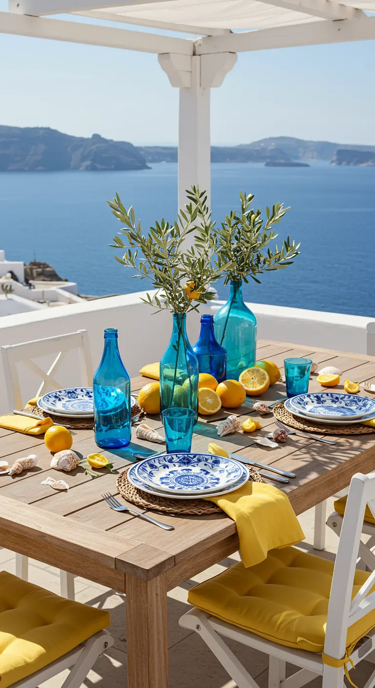 Table en bois sur un balcon face à la mer, vaisselle bleue et blanche, citrons et bouteilles bleues.
