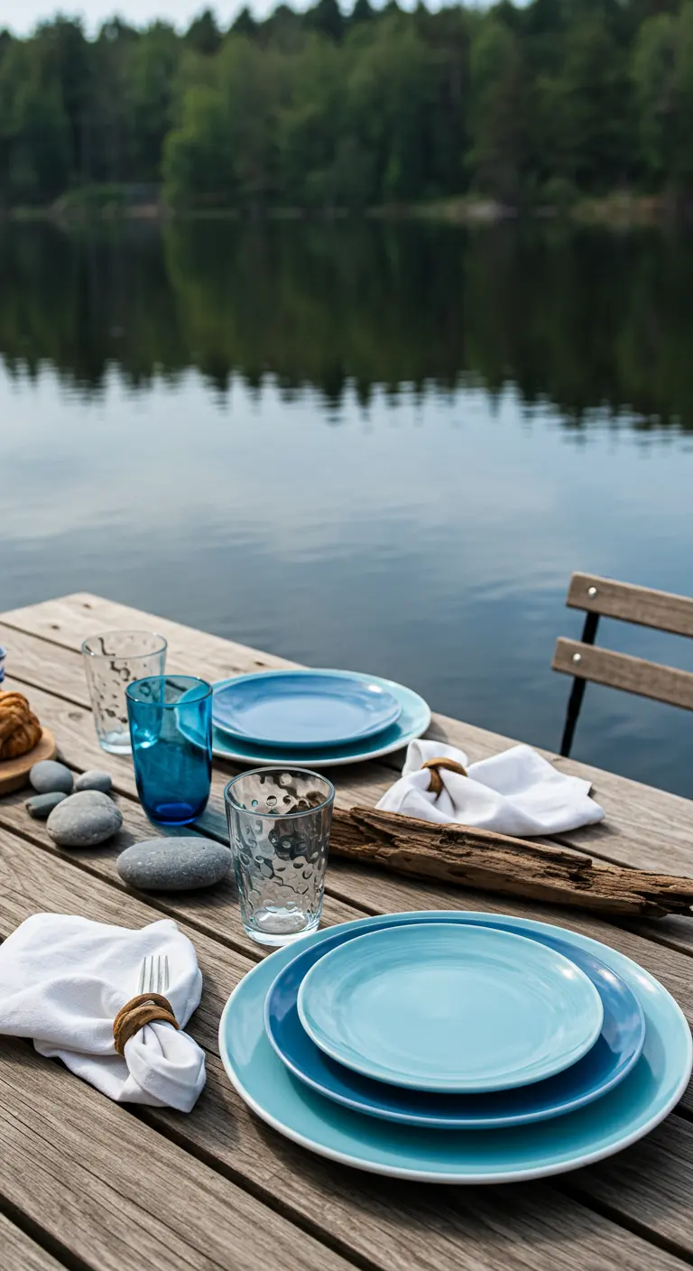 Table de brunch sur un ponton en bois au bord d'un lac, avec des assiettes bleues.