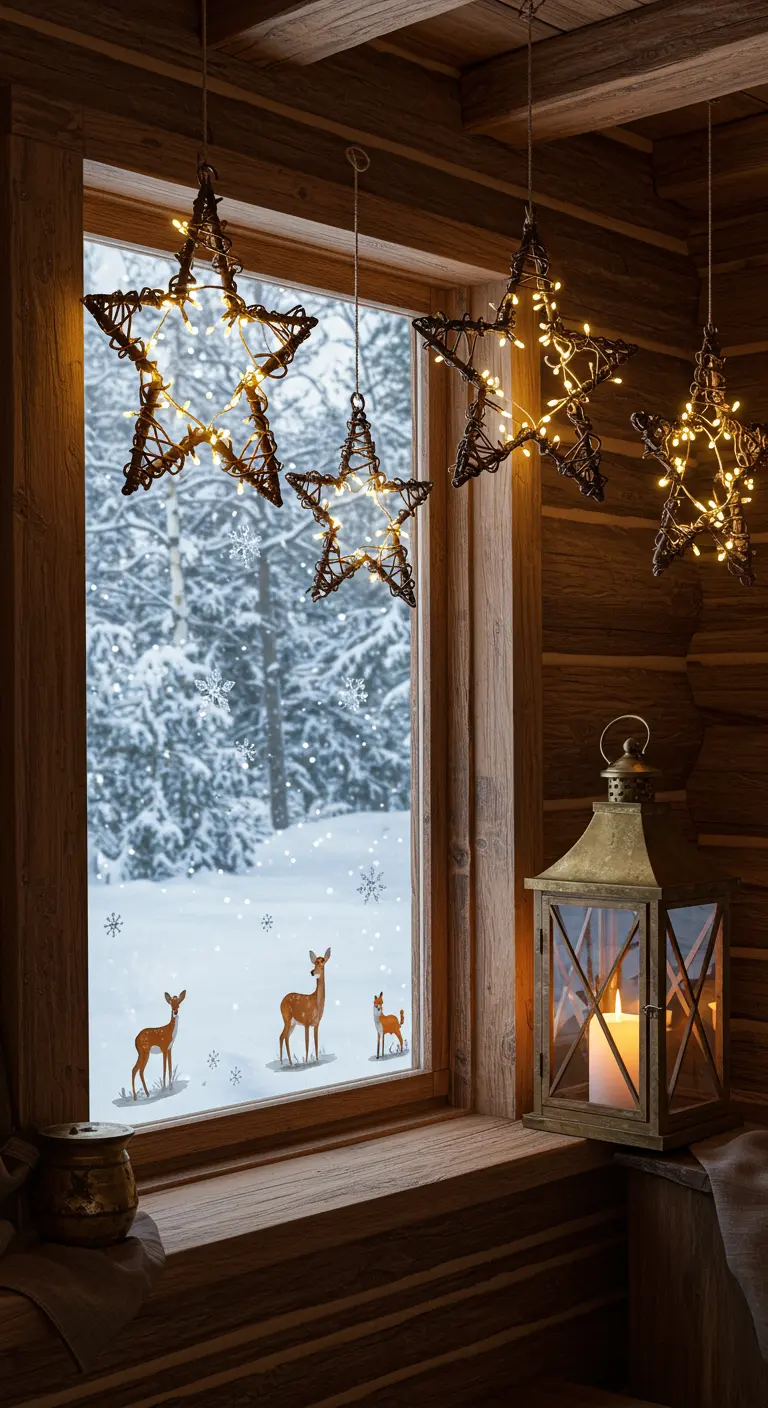 Fenêtre de chalet en bois avec étoiles en rotin illuminées, stickers de cerfs et lanterne.