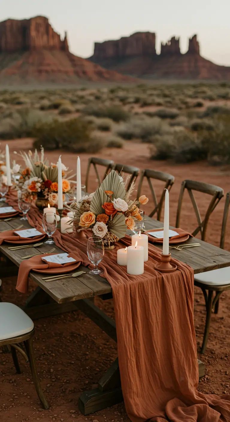 Décoration de table bohème dans le désert avec des tons terracotta et des fleurs séchées