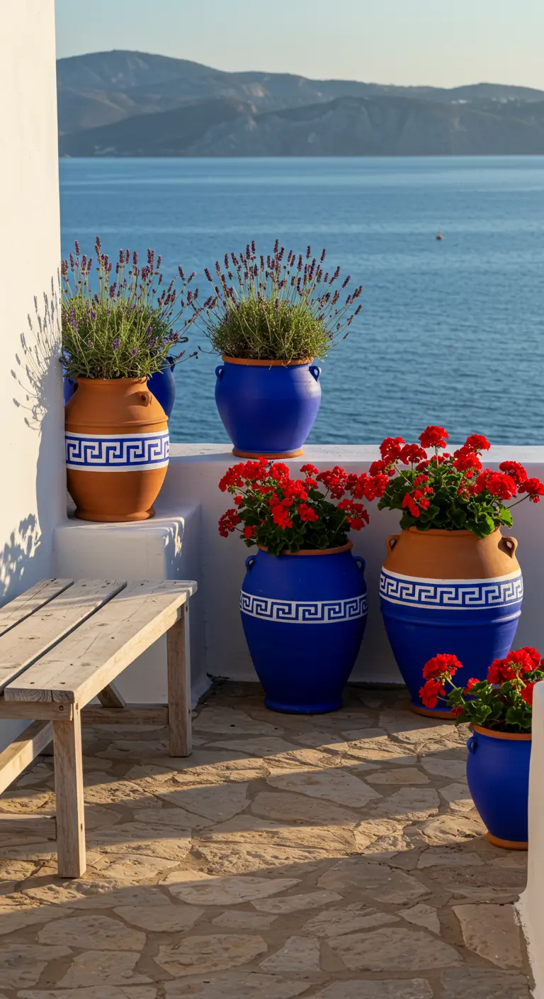 Pots bleus et terracotta avec des fleurs rouges et de la lavande face à la mer.