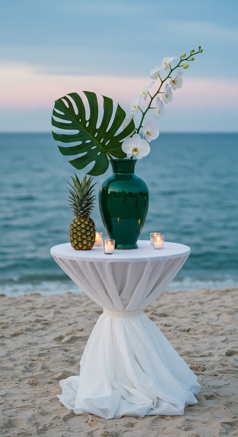 Mange-debout sur la plage avec vase vert, orchidée blanche et feuille de monstera.
