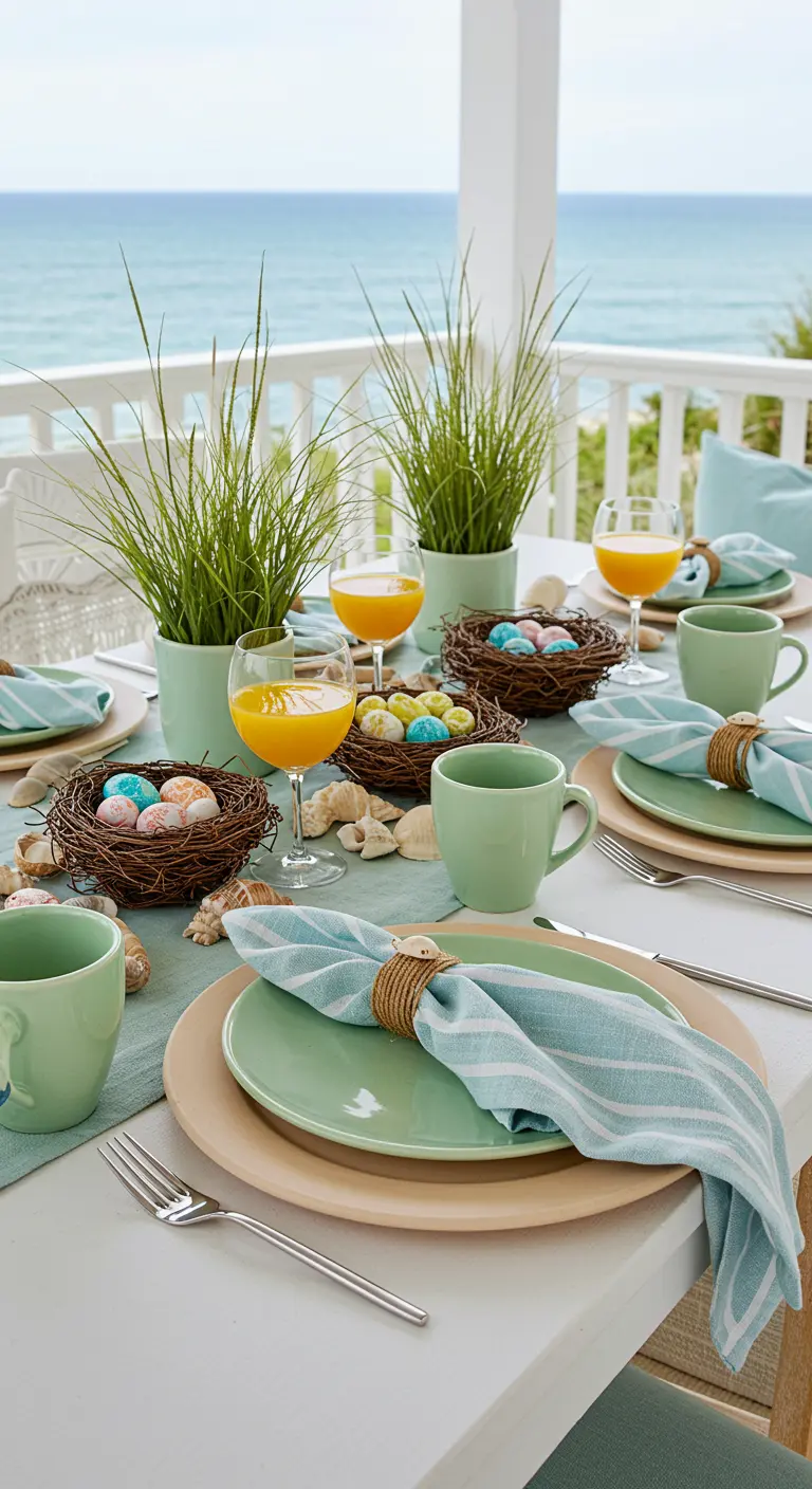 Table de Pâques en bord de mer avec des tons vert d'eau et sable.