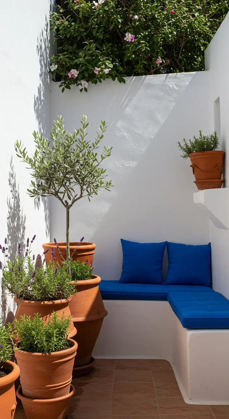Patio méditerranéen avec banquette blanche, coussins bleus et pots en terre cuite.