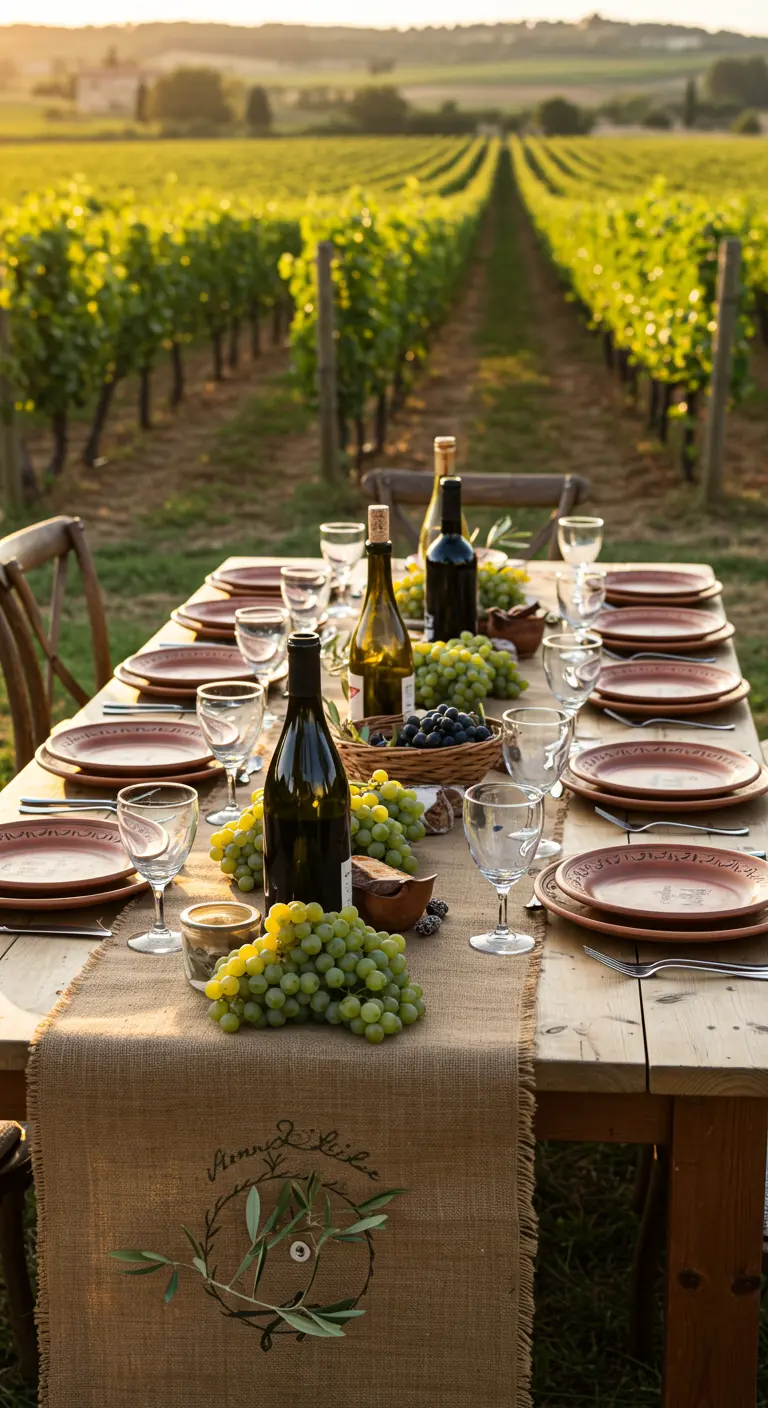 Table dressée dans un vignoble avec des grappes de raisin et du vin.