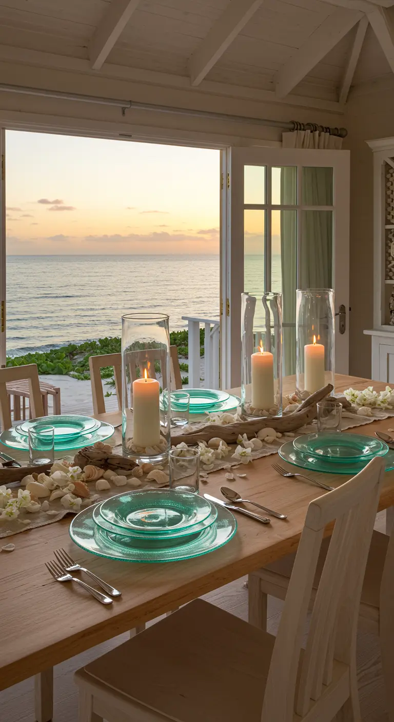 Table dressée face à la mer avec vaisselle turquoise et décoration de coquillages.