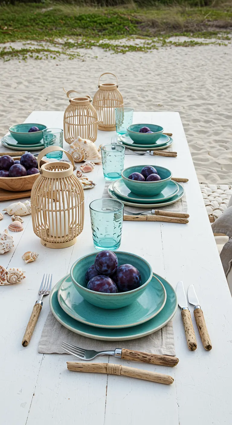 Table sur la plage avec vaisselle turquoise, lanternes, coquillages et prunes fraîches.