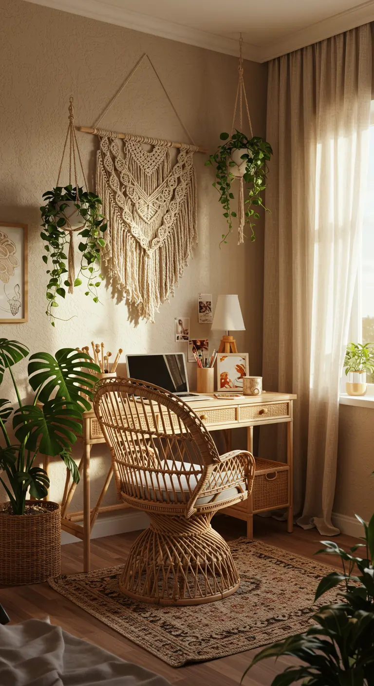 Bureau en bois clair avec chaise en rotin, macramé mural et nombreuses plantes vertes.