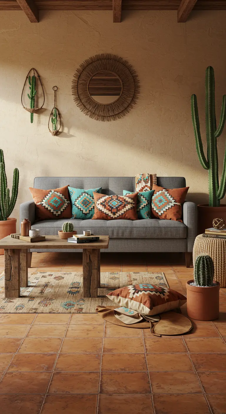 Canapé gris dans un décor désertique, avec des coussins à motifs aztèques turquoise et terracotta.