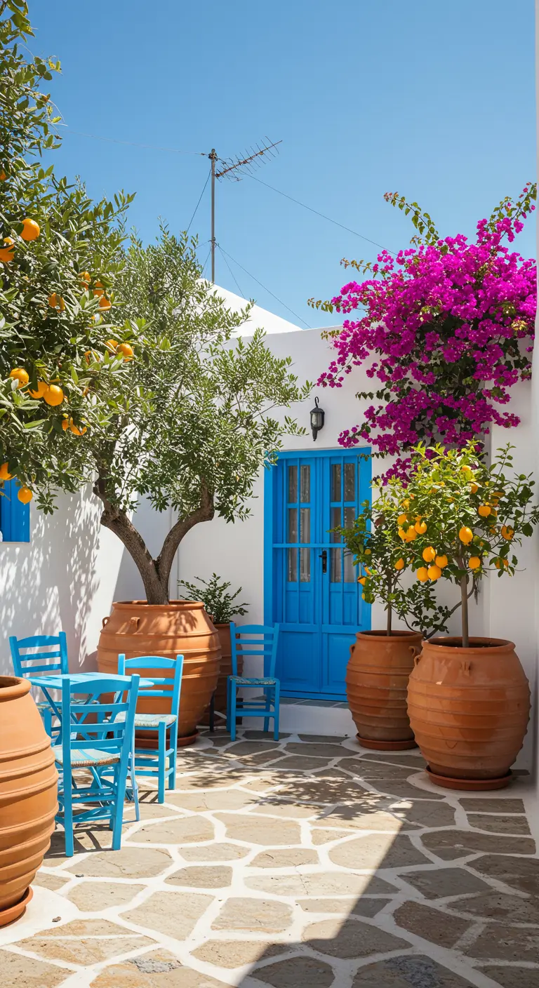 Cour grecque avec murs blancs, porte bleue, et de nombreux pots en terre cuite avec des orangers.