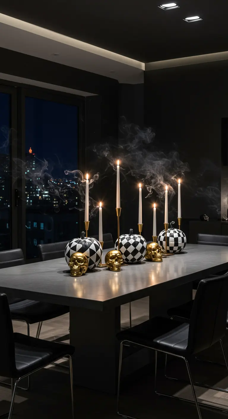 Table moderne noire avec citrouilles damier, crânes dorés, bougies fumantes
