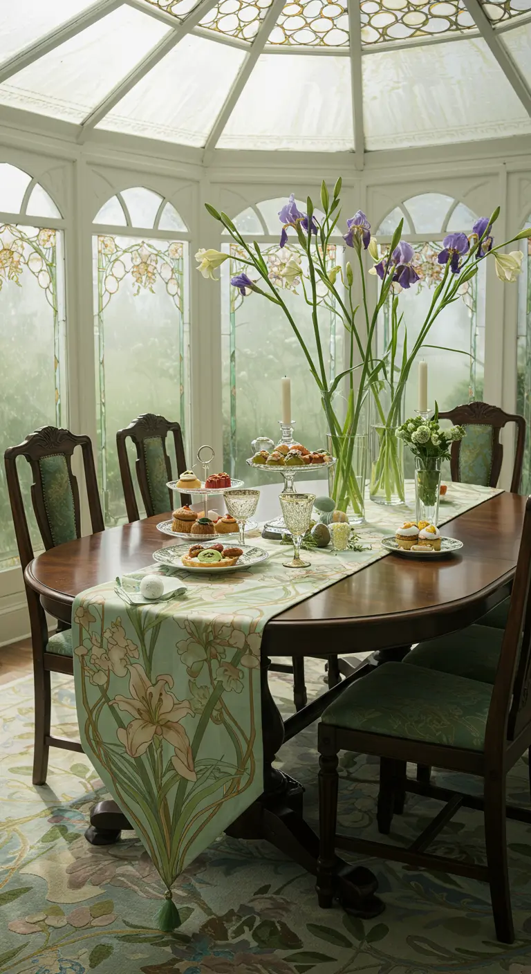 Chemin de table Art Nouveau vert d'eau et violet, iris dans vases, salle à manger vitrée.