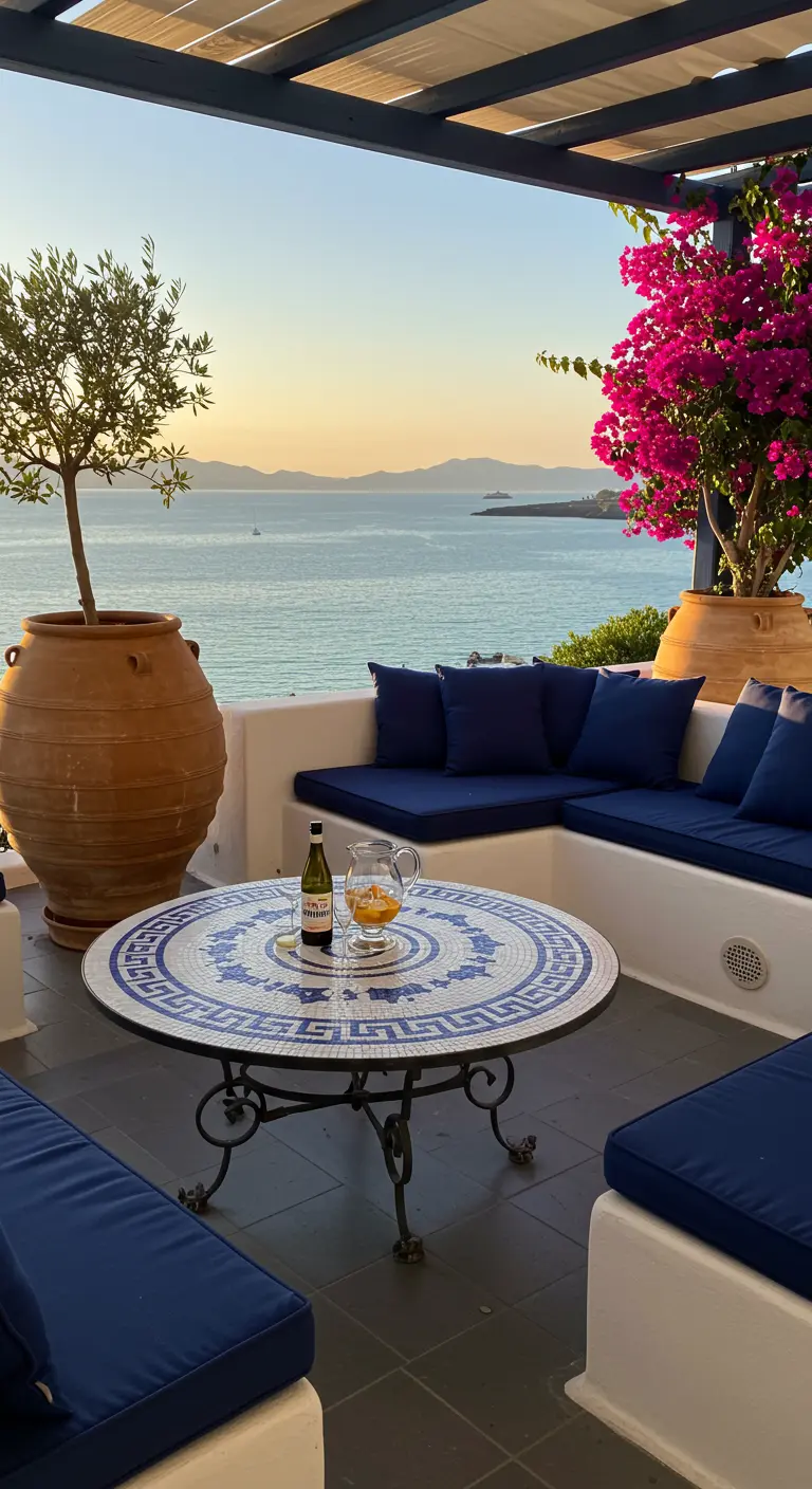 Table basse en mosaïque bleue et blanche sur une terrasse surplombant la mer.