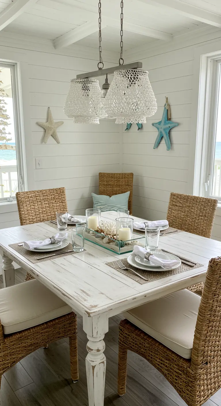 Centre de table marin avec sable, galets, bougies blanches et coquillages sur une table blanche patinée.