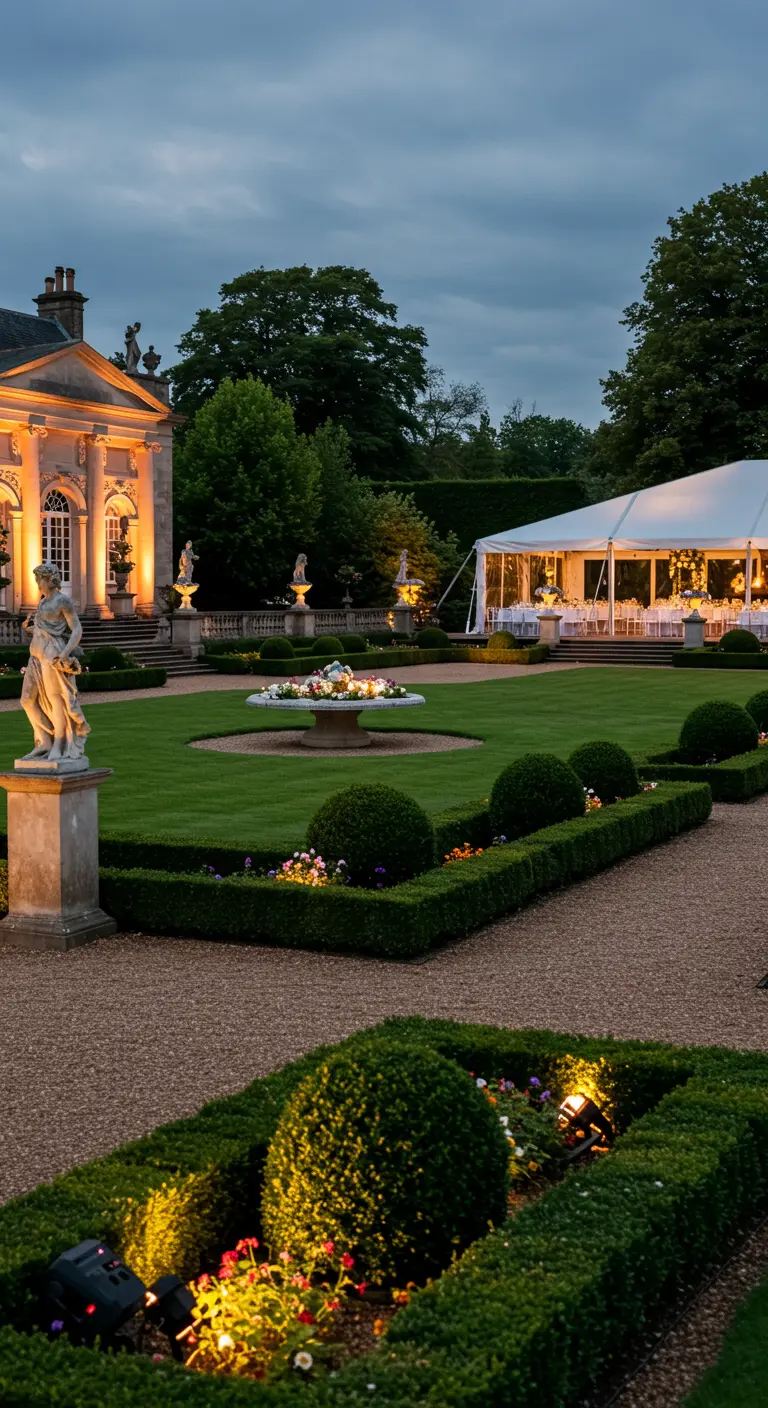 Jardin d'un grand domaine illuminé par des projecteurs, mettant en valeur l'architecture.
