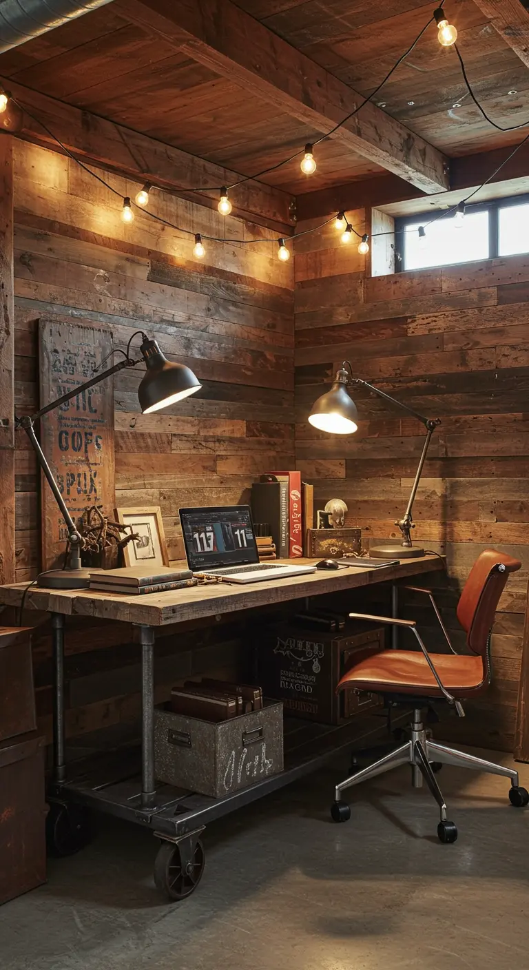 Bureau industriel en bois et métal avec des murs en lambris, éclairage guinguette et lampes de bureau