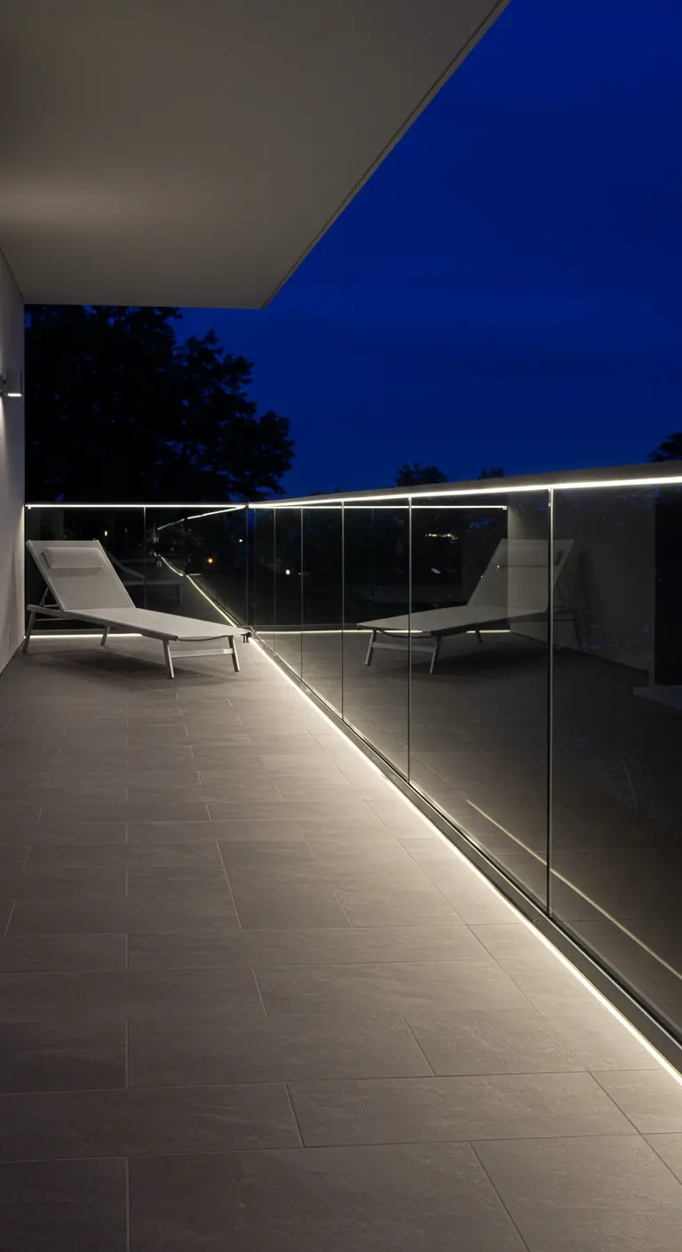 Balcon moderne avec éclairage LED intégré dans la balustrade en verre et le sol.