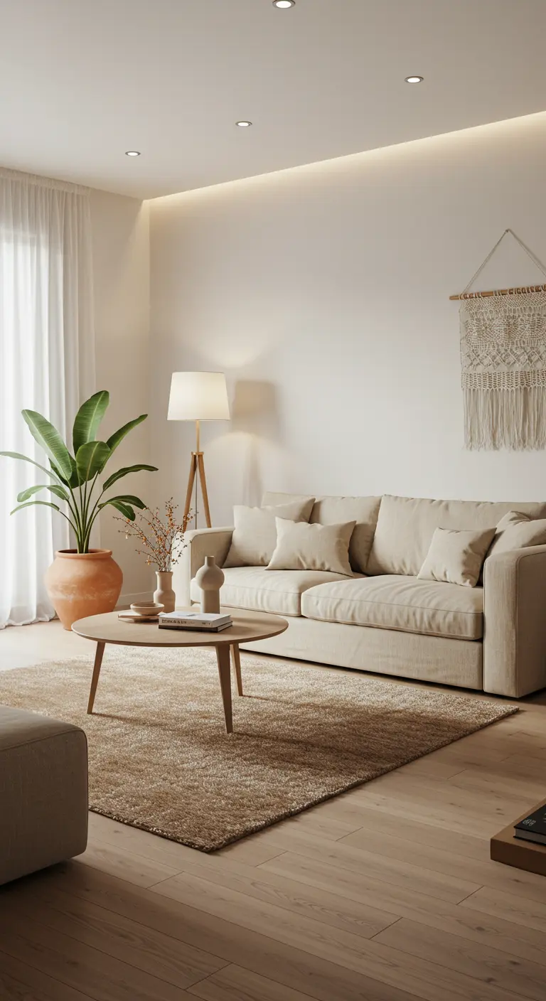 Salon aux couleurs douces, canapé beige, table basse ronde, plante verte, éclairage mural indirect.