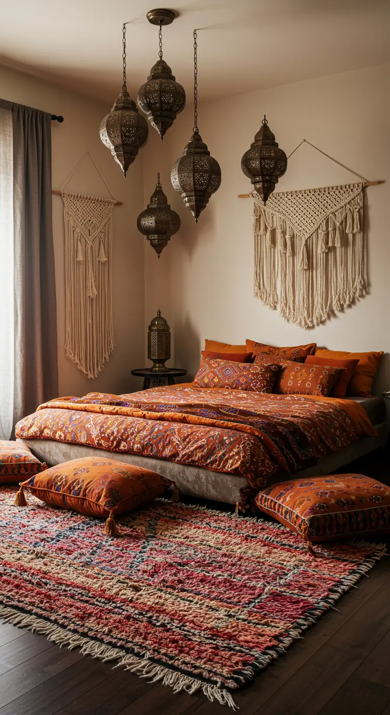 Chambre bohème avec plusieurs lanternes marocaines suspendues et un tapis persan coloré.