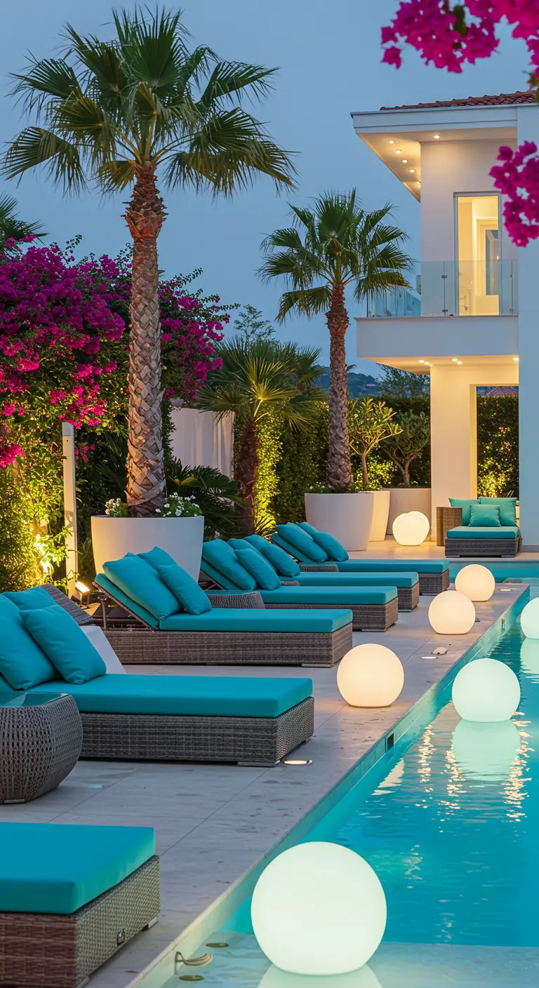 Chaises longues turquoise le long d'une piscine avec des sphères lumineuses flottantes et des palmiers illuminés.
