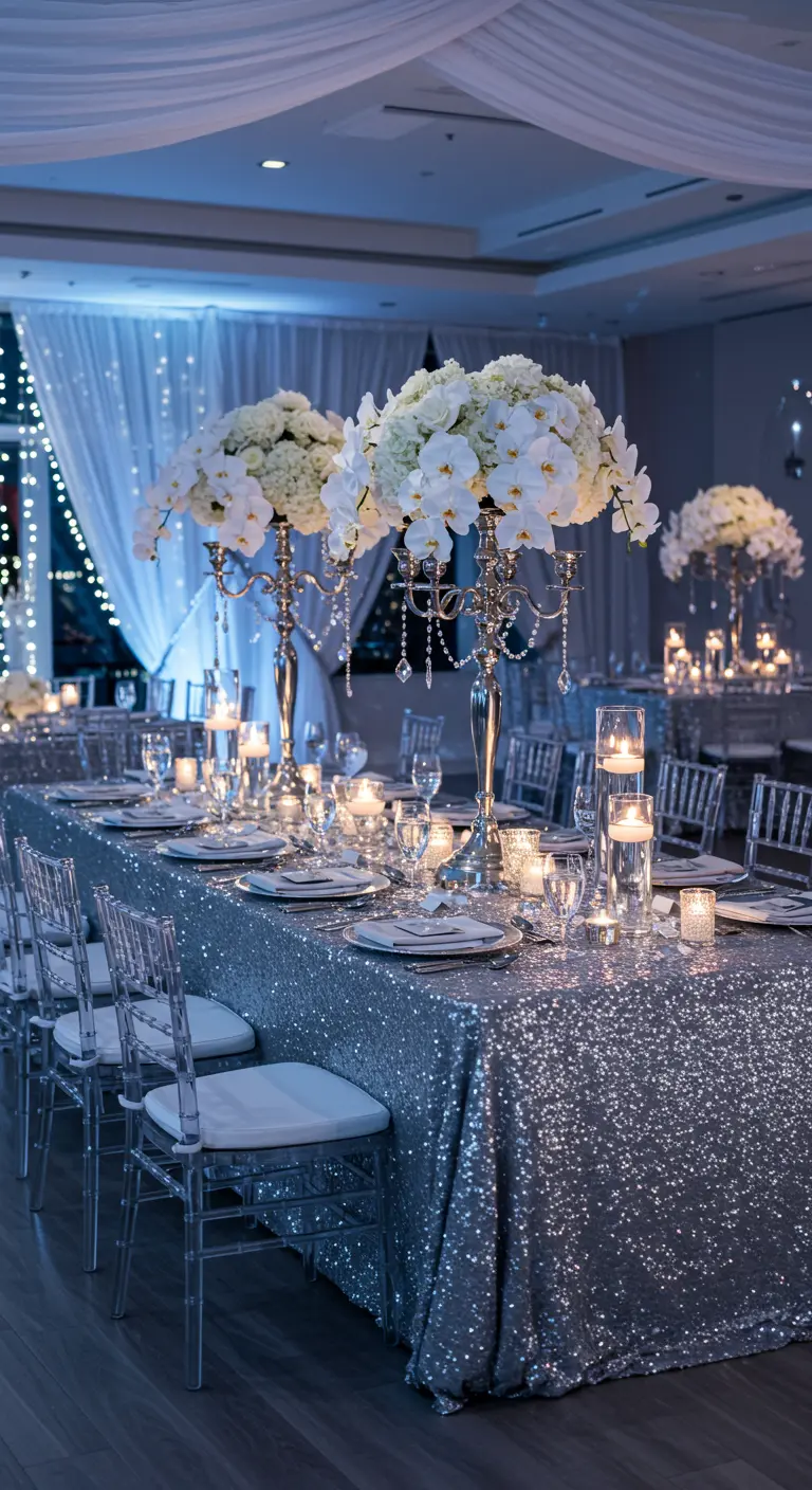 Table de réception glamour avec nappe à paillettes argentées, grands centres de table floraux blancs et bougies.