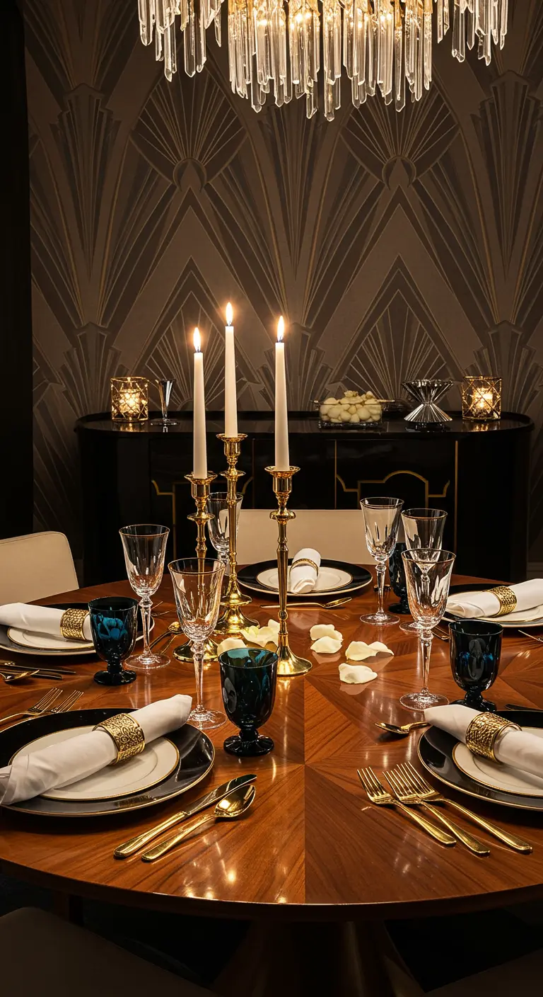 Table de dîner Art Déco avec vaisselle noire et dorée, et bougies hautes.